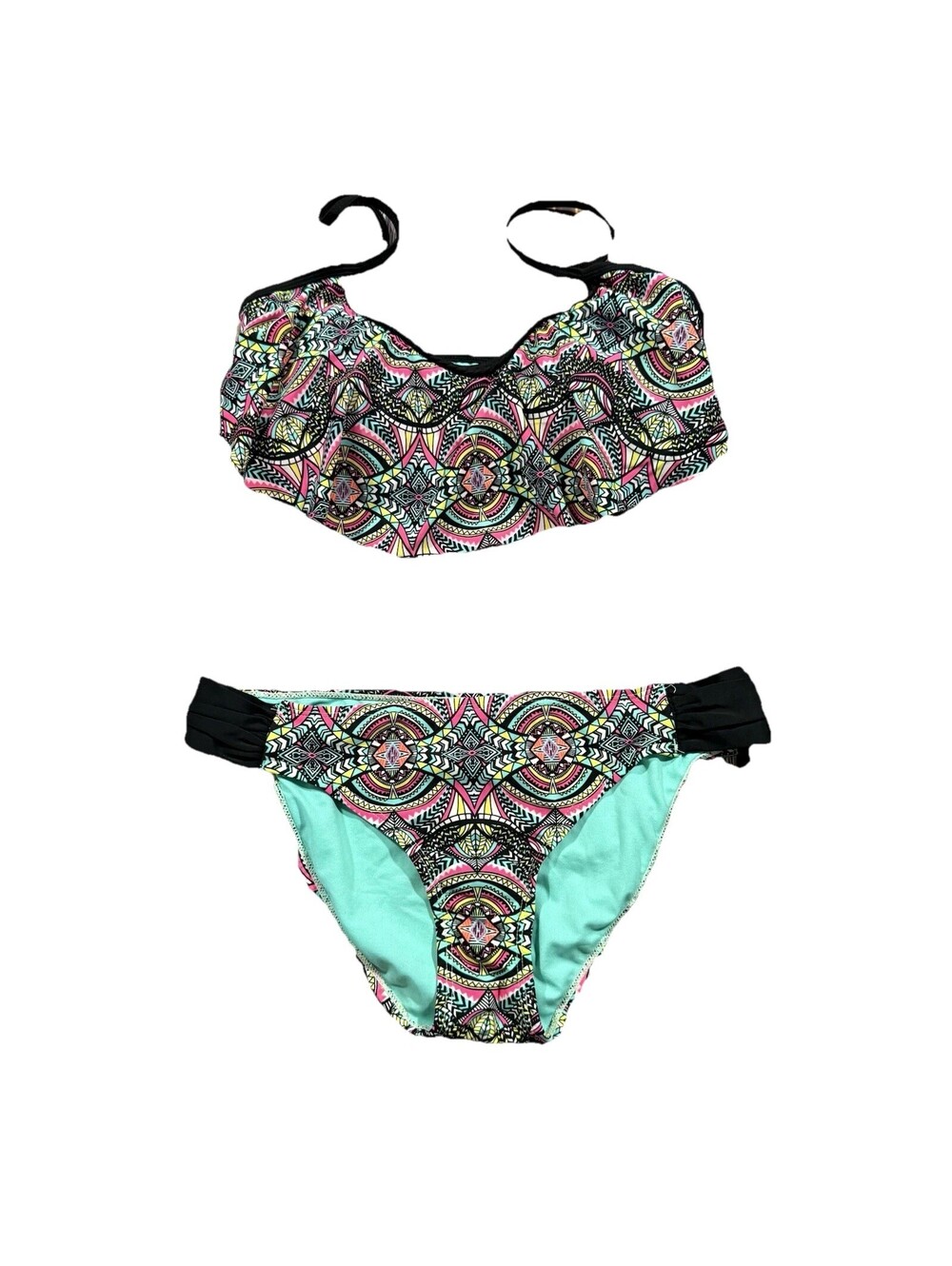 Bongo Juniors Medium Flounce Top 2 Piece Bikini Set Multicolor Psychedelic Teal